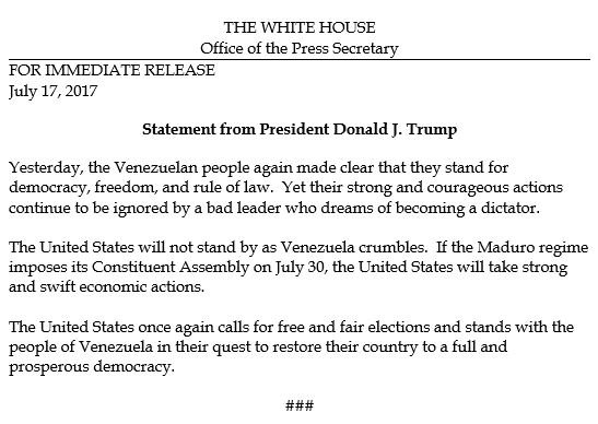 El comunicado de la Casa Blanca