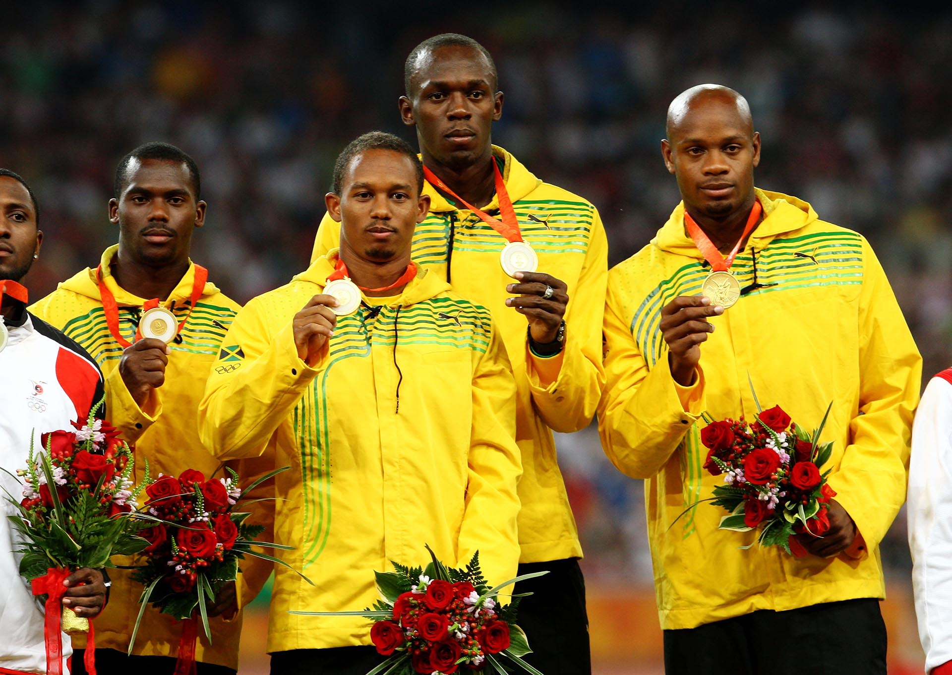 Junto a Nesta Carter, Michael Frater y Asafa Powell, Usain Bolt también ganó la medalla de oro en el 4×100 de los Juegos de Beijing (Getty Images)