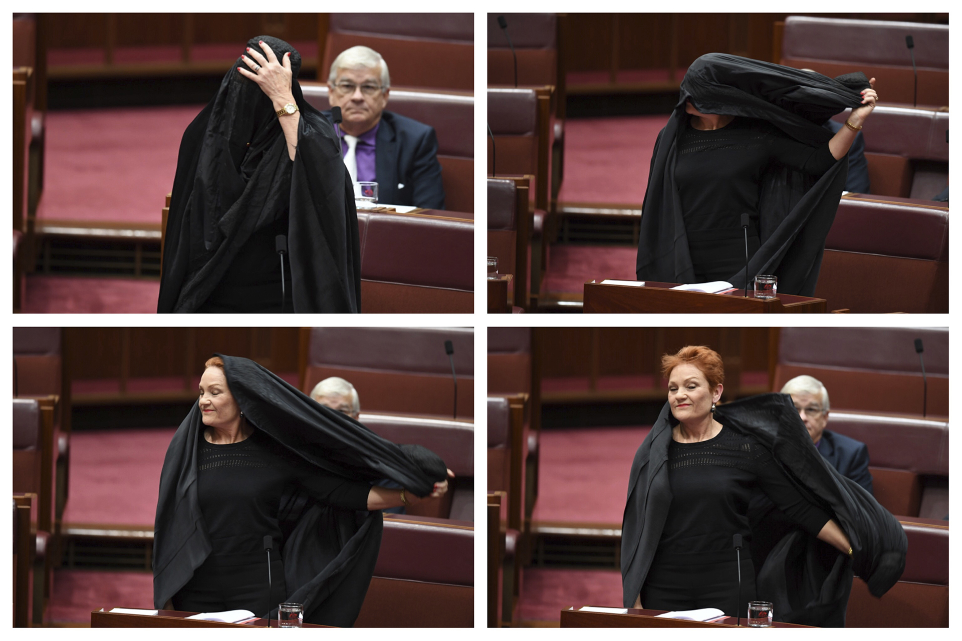 Pauline Hanson se saca la burka y deja ver su rostro. Luego pronunciaría un discurso en el cual pedía la prohibición de ese atuendo (AP)