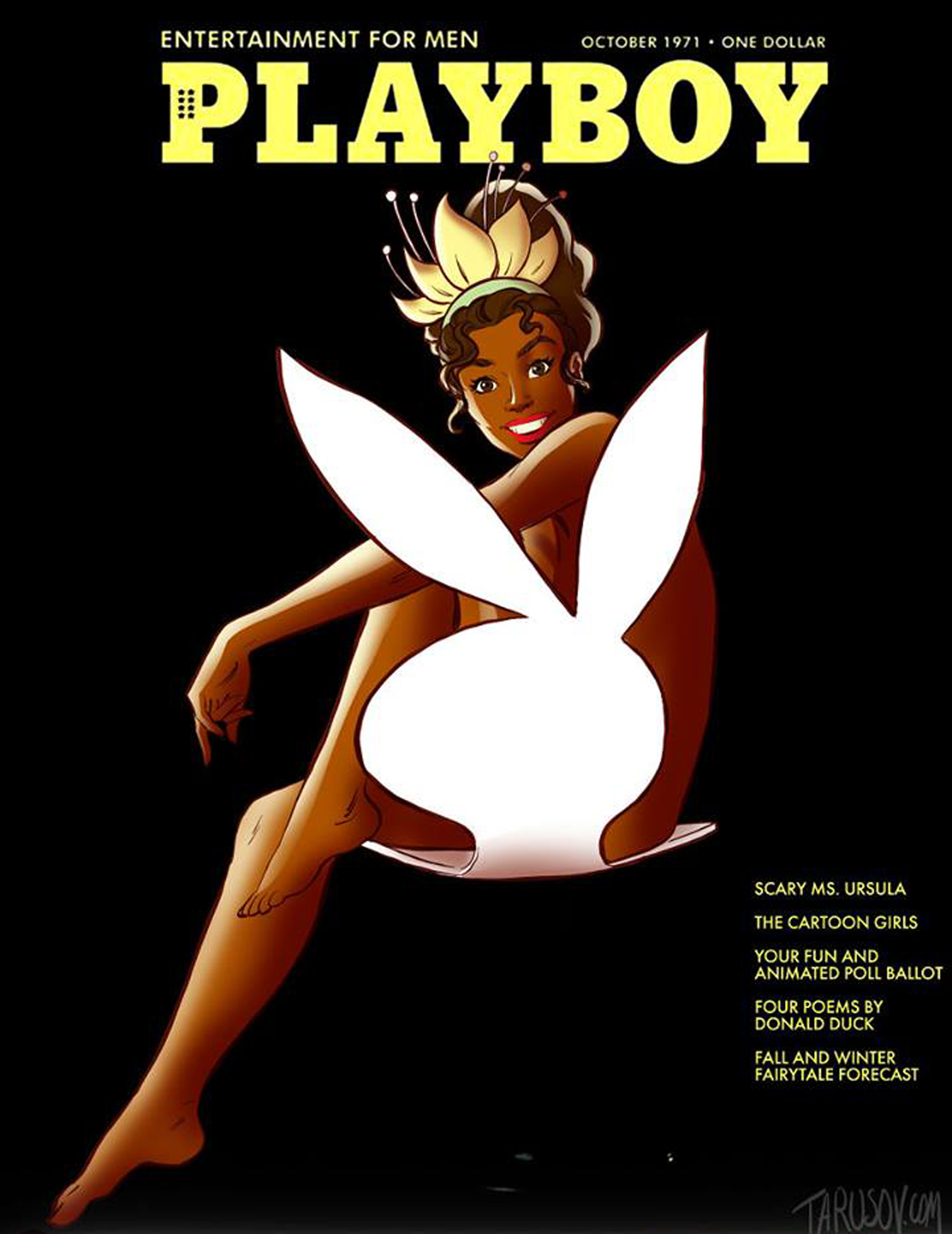Una de las nuevas princesas, Tiana, sobre la famosa banqueta del conejo, un ícono de la revista masculina