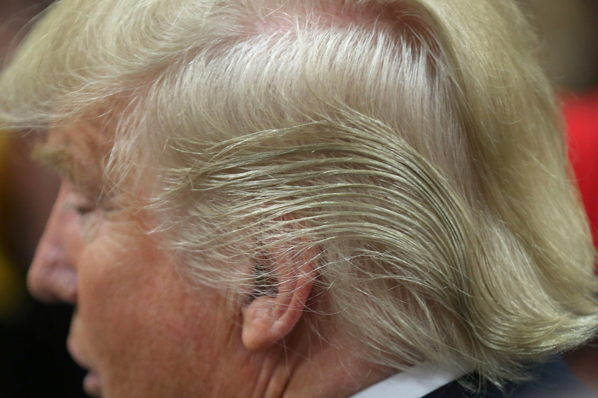 El pelo, toda una seña particular del presidente de los Estados Unidos, Donald Trump,su peculiar cabellera de tono “rubio-anaranjado”, sumado a ese jopo voluptuoso, fue objeto de críticas (Christopher Furlong/Getty Images)