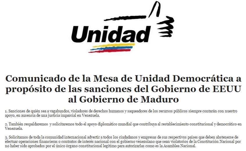 Venezuela denuncia apoyo de la oposición a las sanciones de EEUU Venezuela denuncia apoyo de la oposición a las sanciones de EEUU