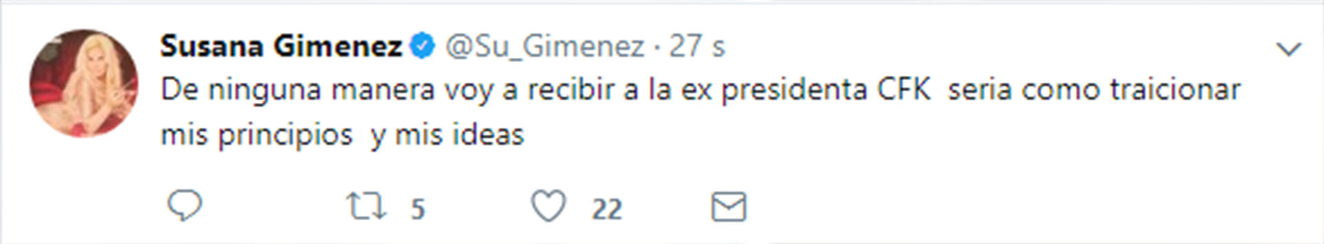 El mensaje que publicó Susana en Twitter
