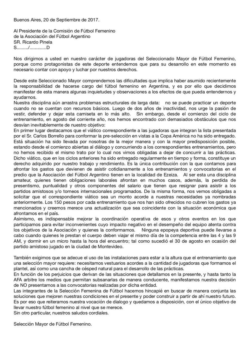 El comunicado emitido por la selección de fútbol femenino