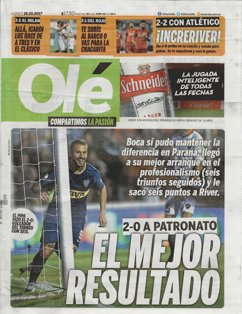 Tapa Olé, Argentina, lunes 16 de octubre de 2017