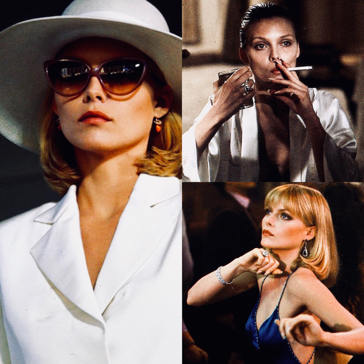 Michelle Pfeiffer encarna a la gélida Elvira Hancock, la mujer que logra conquistar a Tony Montana. Scarface fue el primer film que la catapultó a la fama