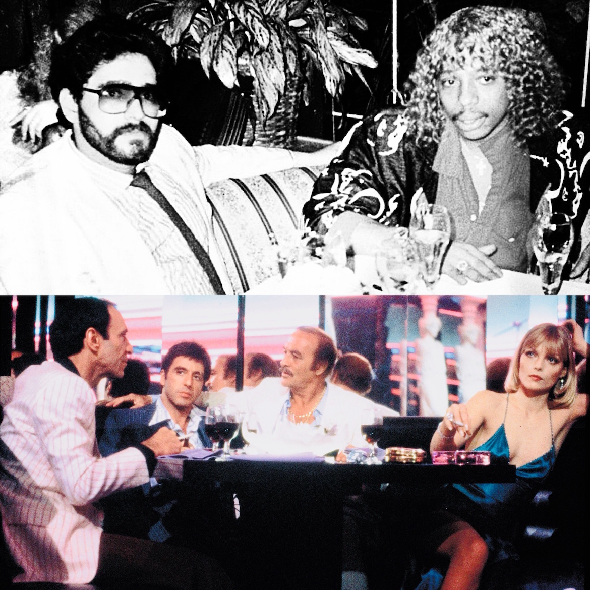 El narco Nelson Aguilar junto al músico Rick Ross, en su mesa del club nocturno Mutiny. Debajo, la representación fílmica del emblemático establecimiento
