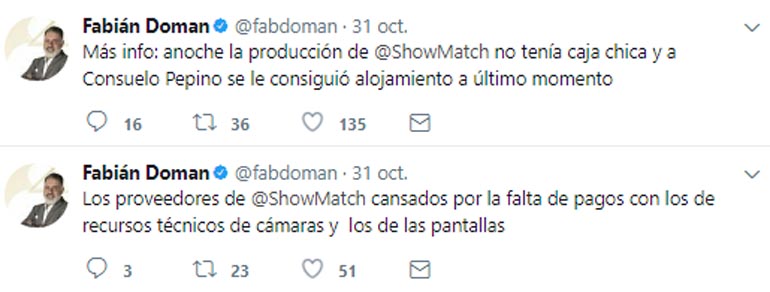Tuits de Fabián Doman sobre los conflictos económicos de ShowMatch