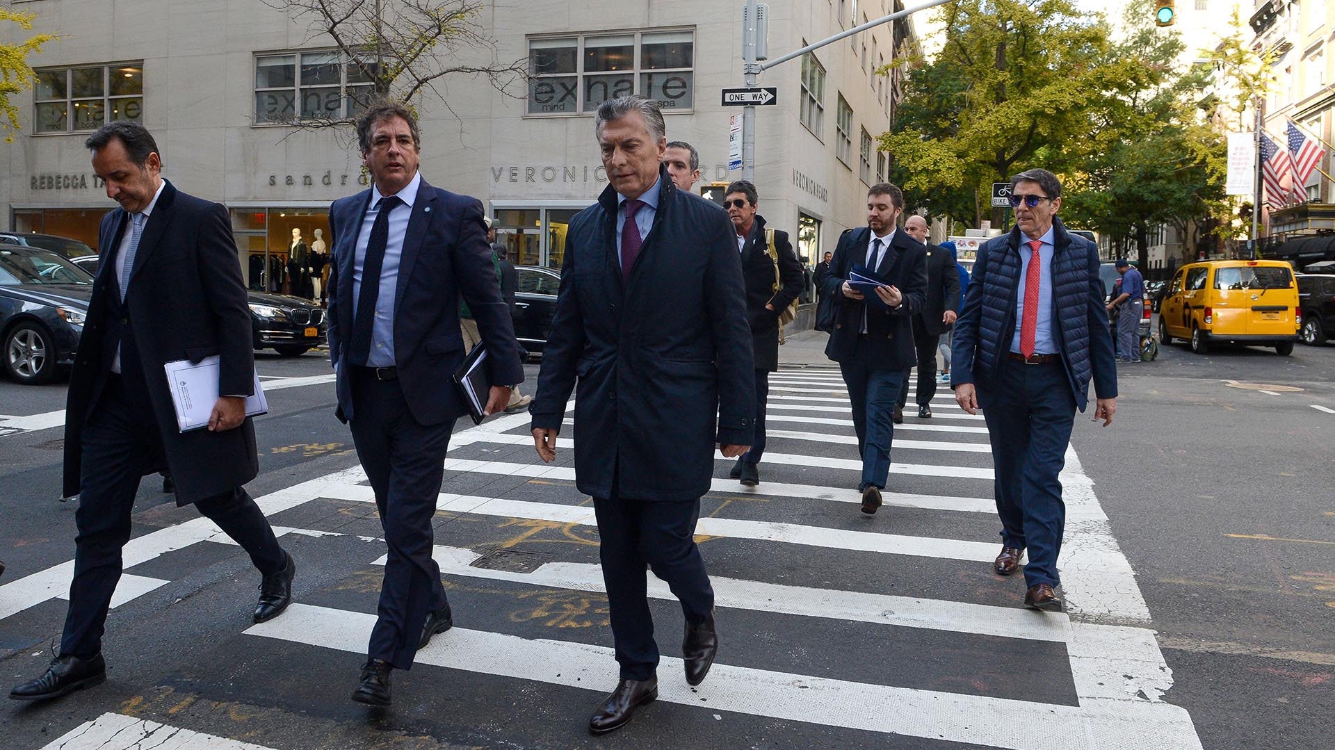 Macri en Nueva York, junto a su vocero Iván Pavlovski y Fulvio Pompeo