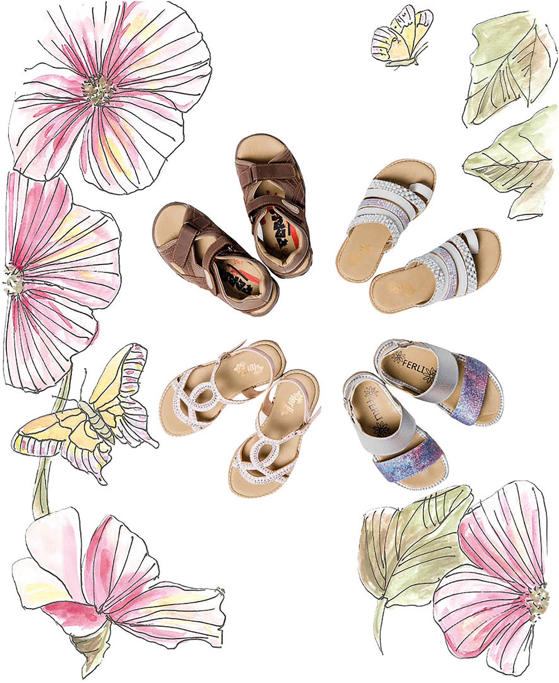 Sandalias con perlas ($ 1.360), sandalias con tira doble ($ 1.020), sandalias con brillos ($ 1.380) y sandalias de cuero con velcro ($ 1.560). De Ferli.