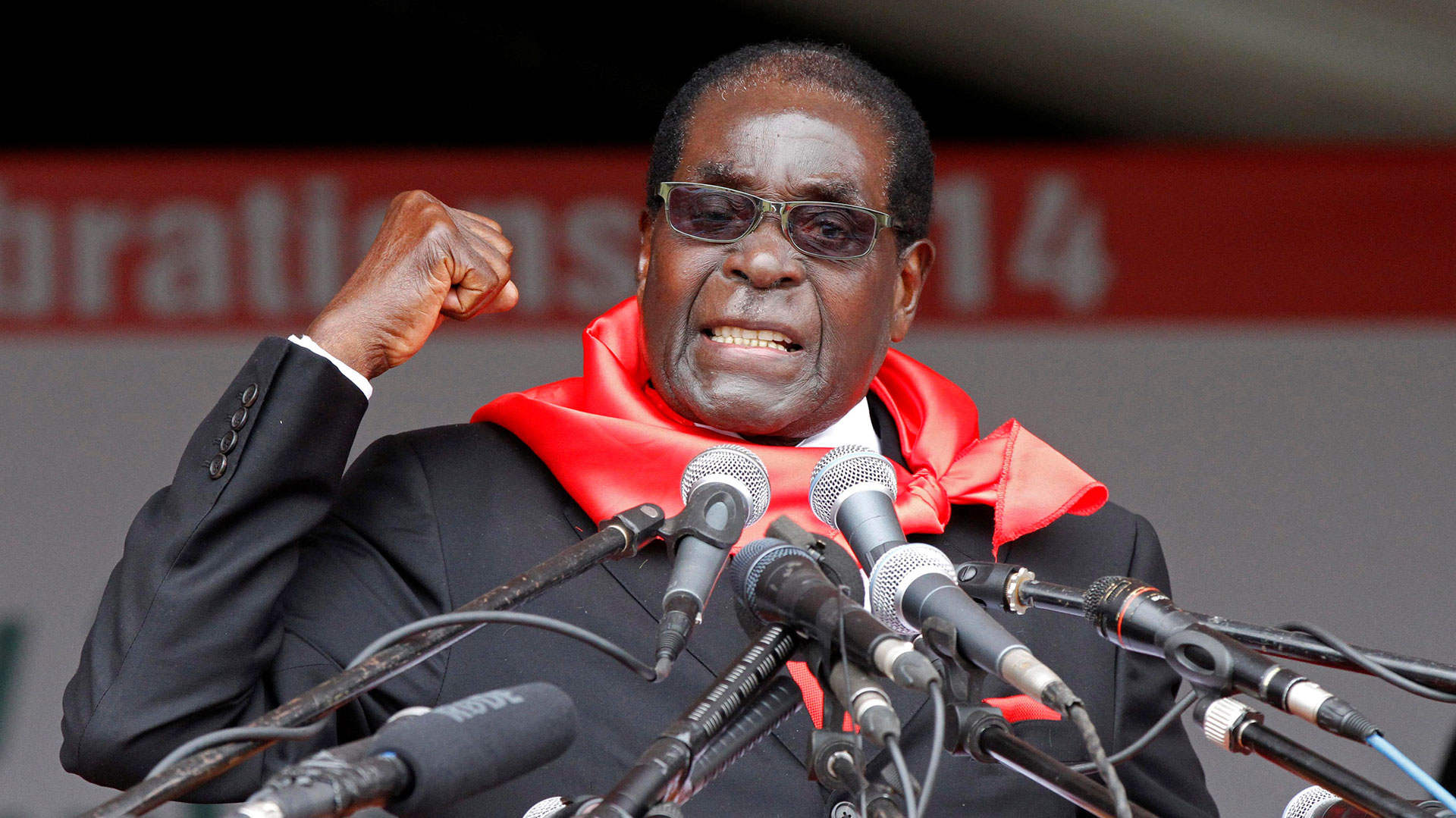 Mugabe habla a sus seguidores durante las celebraciones de su 90º cumpleaños en Marondera, a unos 80 km al este de la capital, el 23 de febrero de 2014 (REUTERS/Filimon Bulawayo)