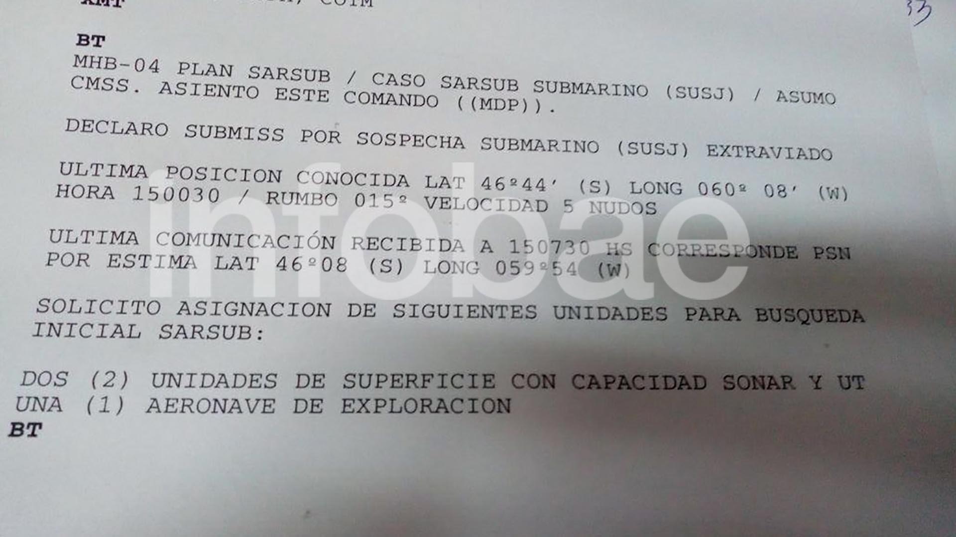 La comunicación interna de la Armada que solicita la búsqueda del submarino