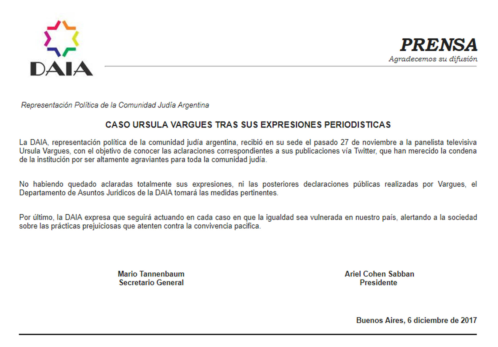 Comunicado DAIA