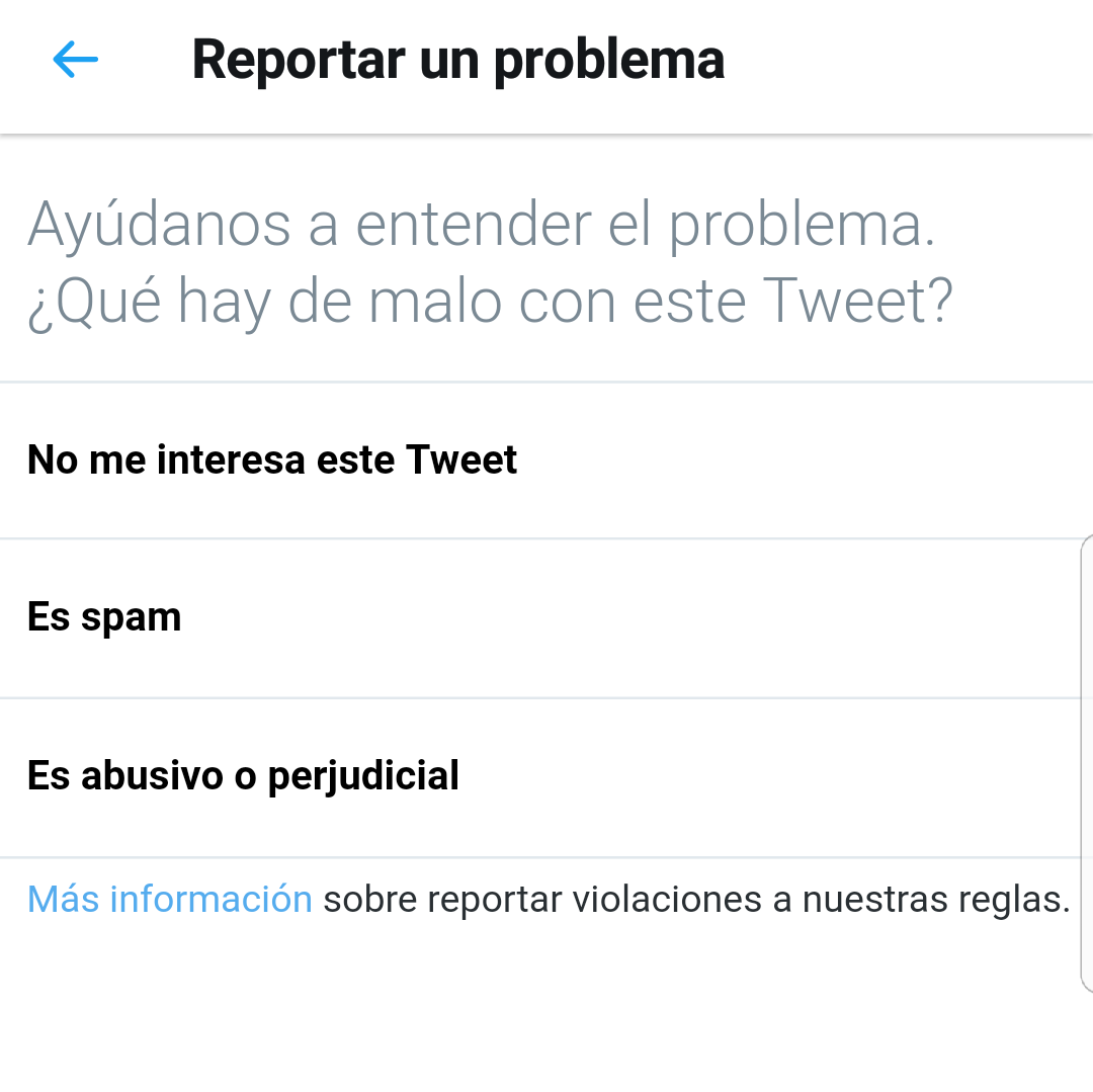 Los diferentes motivos por los cuales se puede reportar problemas con un tweet