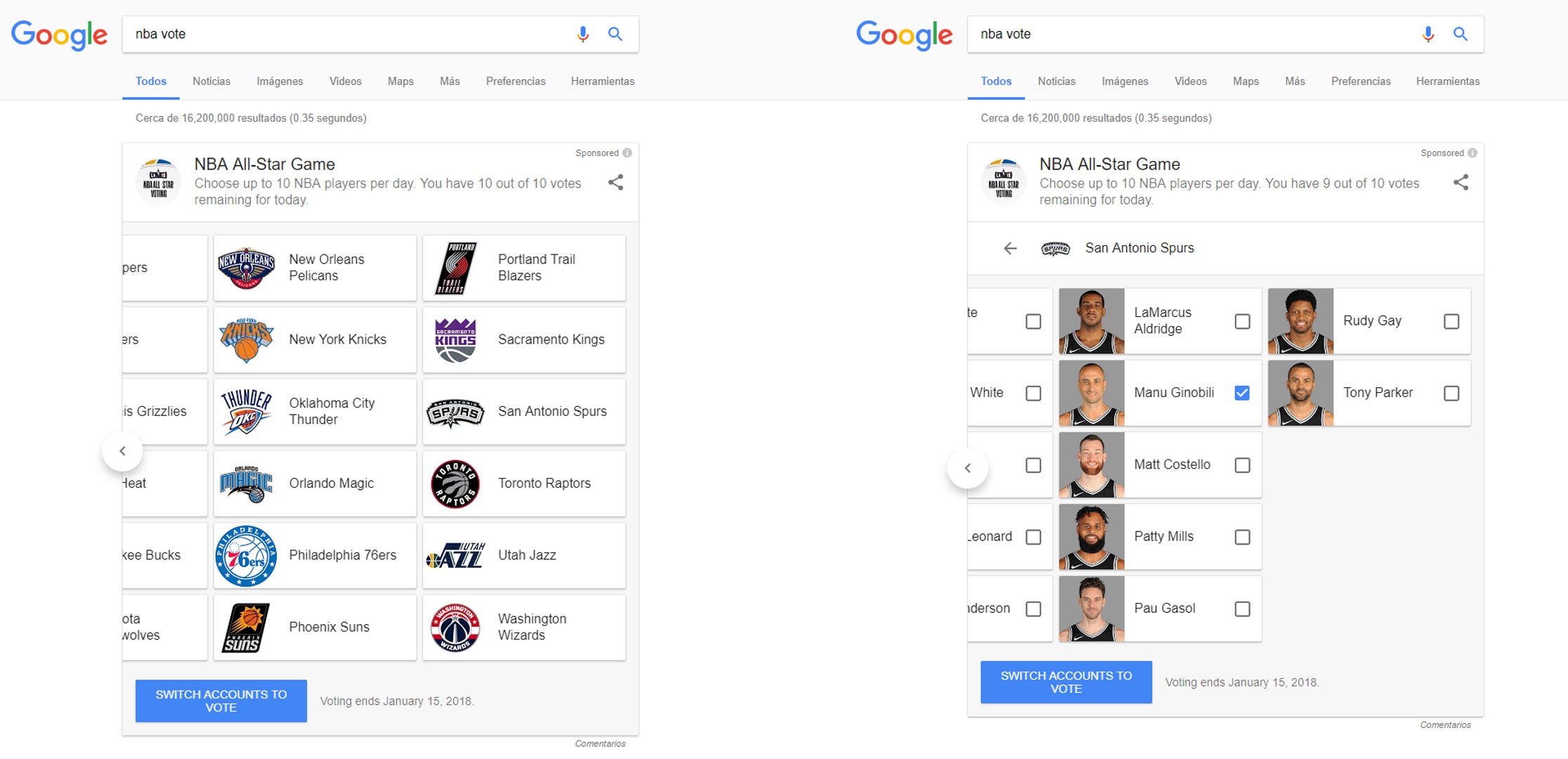 Colocando “NBA Vote” se abrirá un apartado donde se pueden elegir a los 10 deportistas