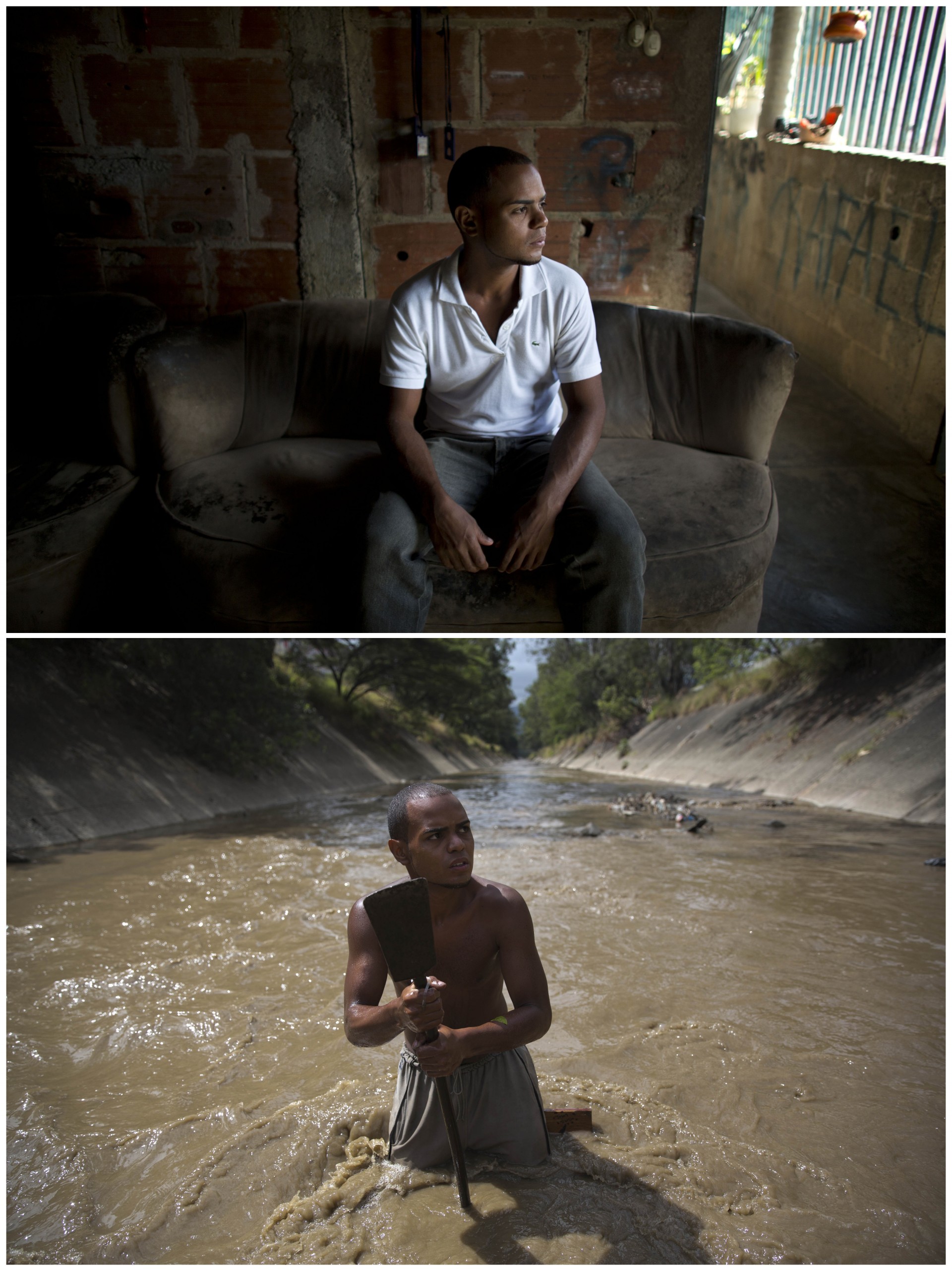 Ángel Villanueva, en su hogar y en su “trabajo”, en el río Guaire. Tiene 25 años