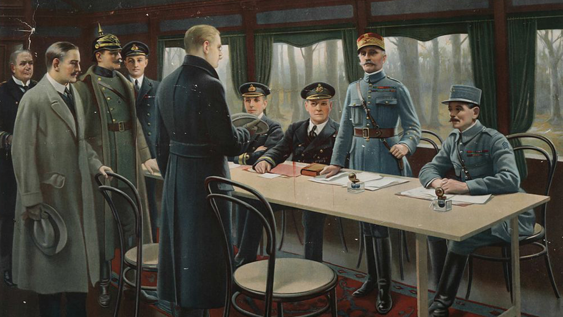 La delegación alemana frente a los representantes aliados durante la firma del armisticio, en 1918
