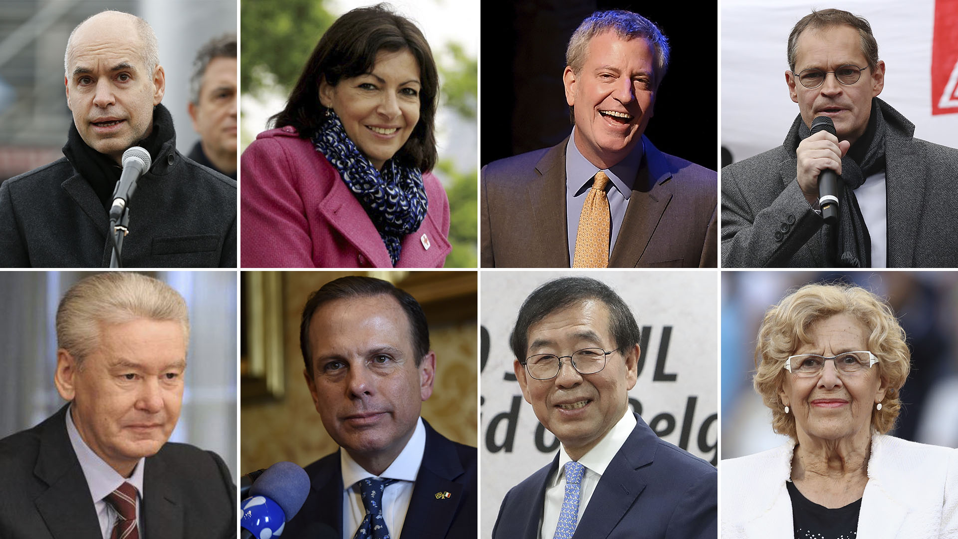 Horacio Rodríguez Larreta, Ciudad de Buenos Aires; Anne Hidalgo, alcaldesa de París; Bill de Blasio, Nueva York; Michael Müller, Berlín; Serguei Sobyanin, Moscú; Joao Doria, San Pablo; Park Won-soon, Seúl y Manuela Carmena, Madrid