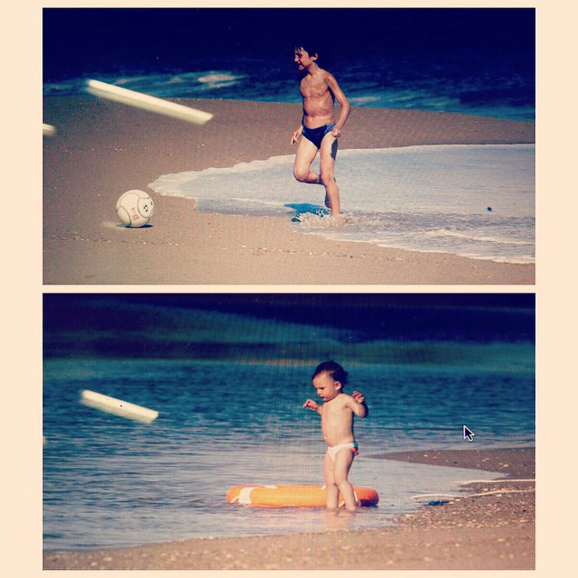 Francisco y Juanita de bebé jugando en la playa.