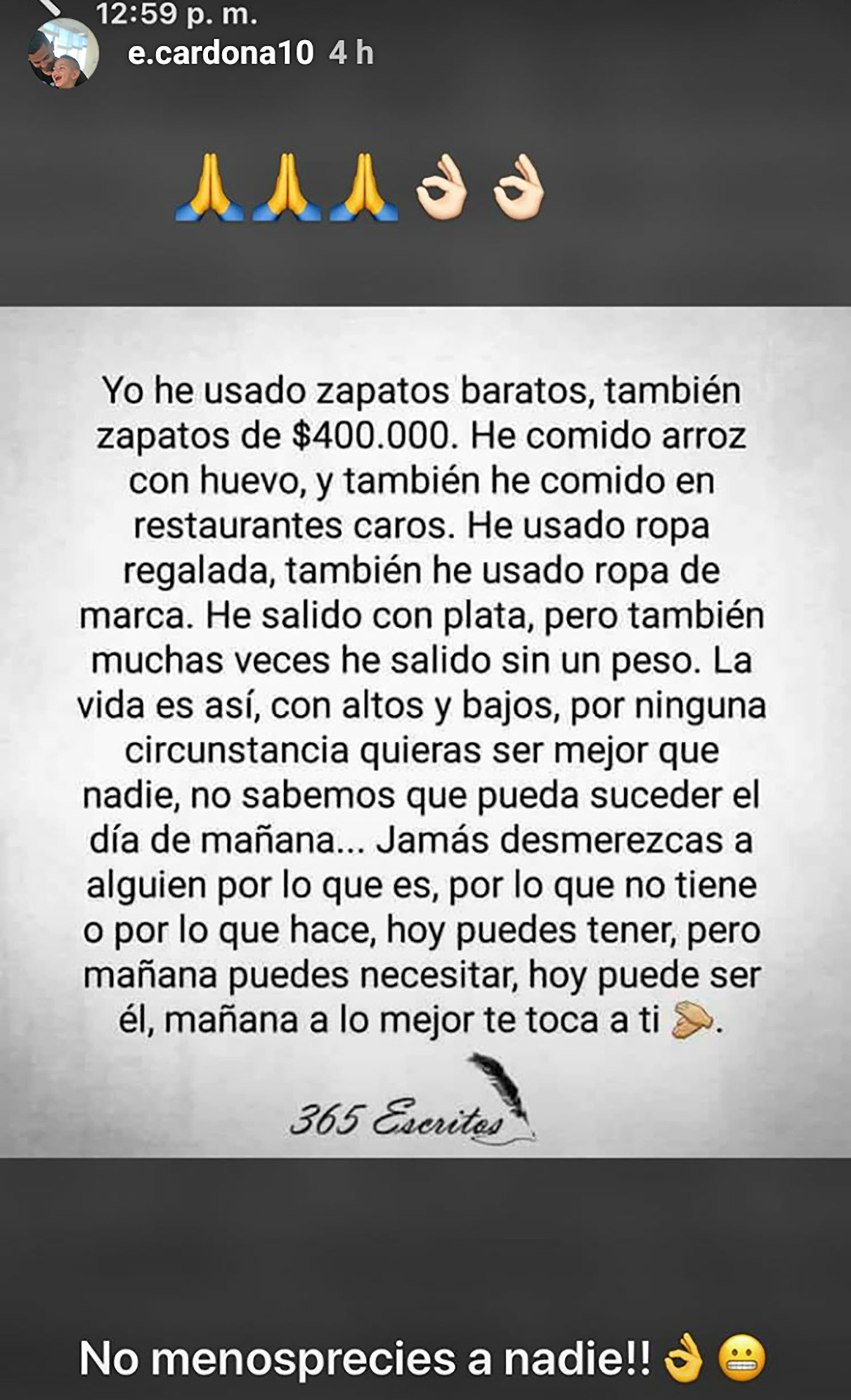 El mensaje que publicó Cardona en Instagram