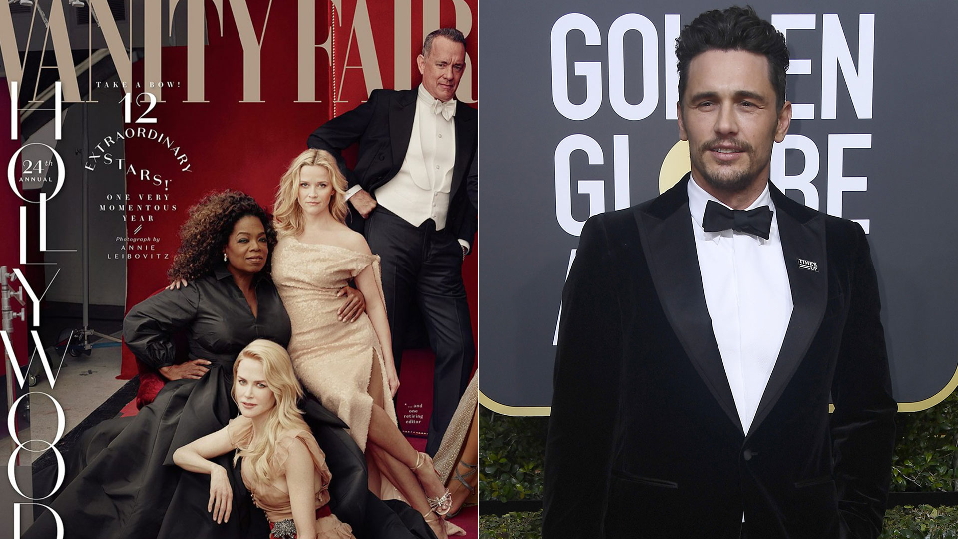 La portada de Vanity Fair y James Franco en la entrega de los premios Globos de Oro el 7 de enero pasado con su pin “Time’s Up”