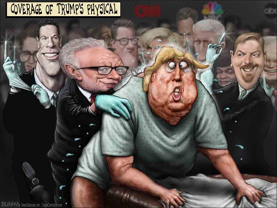 Otro de los provocadores dibujos de Sean Delonas muestra a Donald Trump siendo sometido por conductores de diferentes cadenas de noticias durante el tratamiento que se le dio a su examen médico