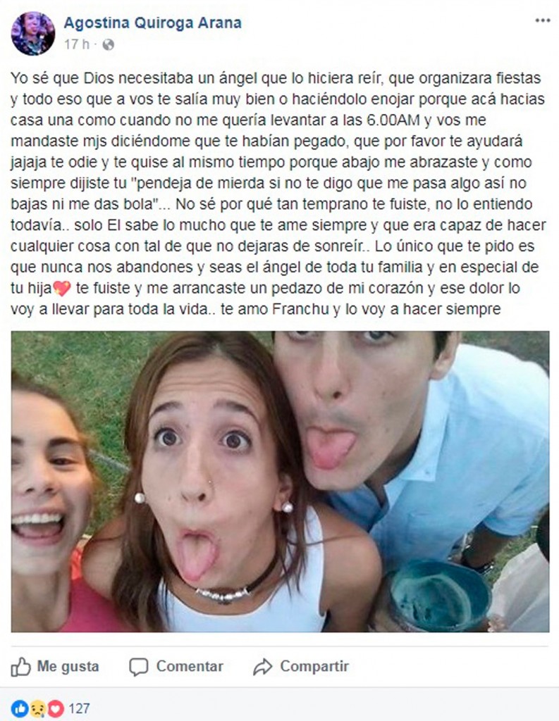 El post de Quiroga en su cuenta de Facebook, dedicado a Fortunato 