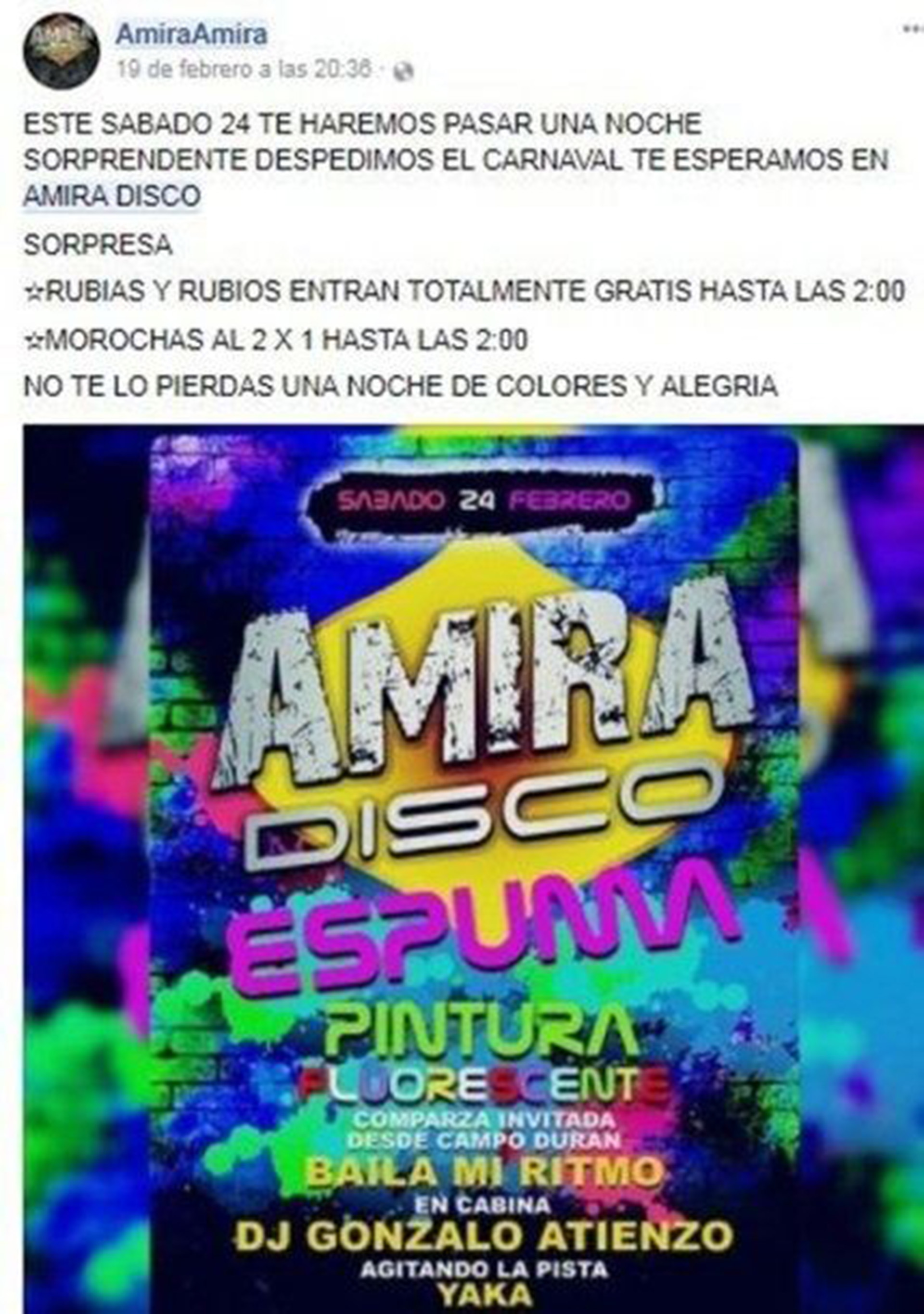 El post del boliche donde se publicó la promoción