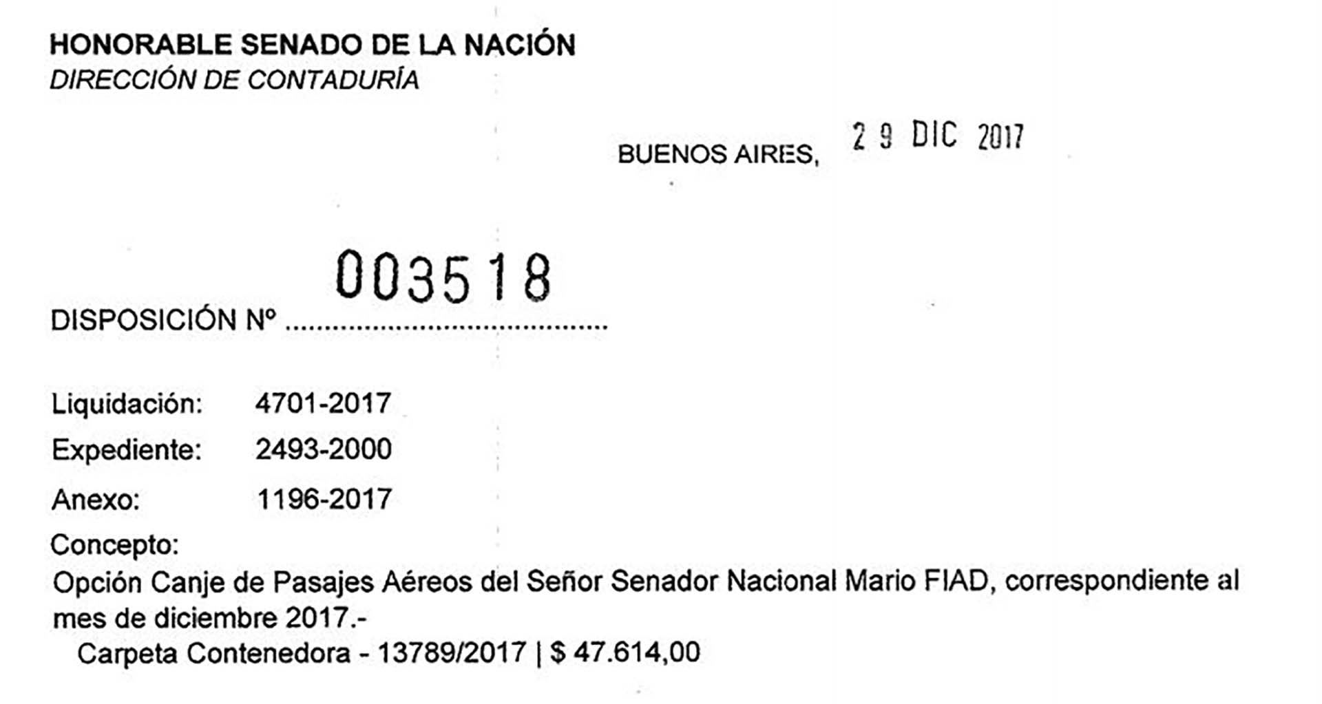 La disposición 3518 de fin de 2017 que canjeó los pasajes aéreos del flamante senador Mario Fiad