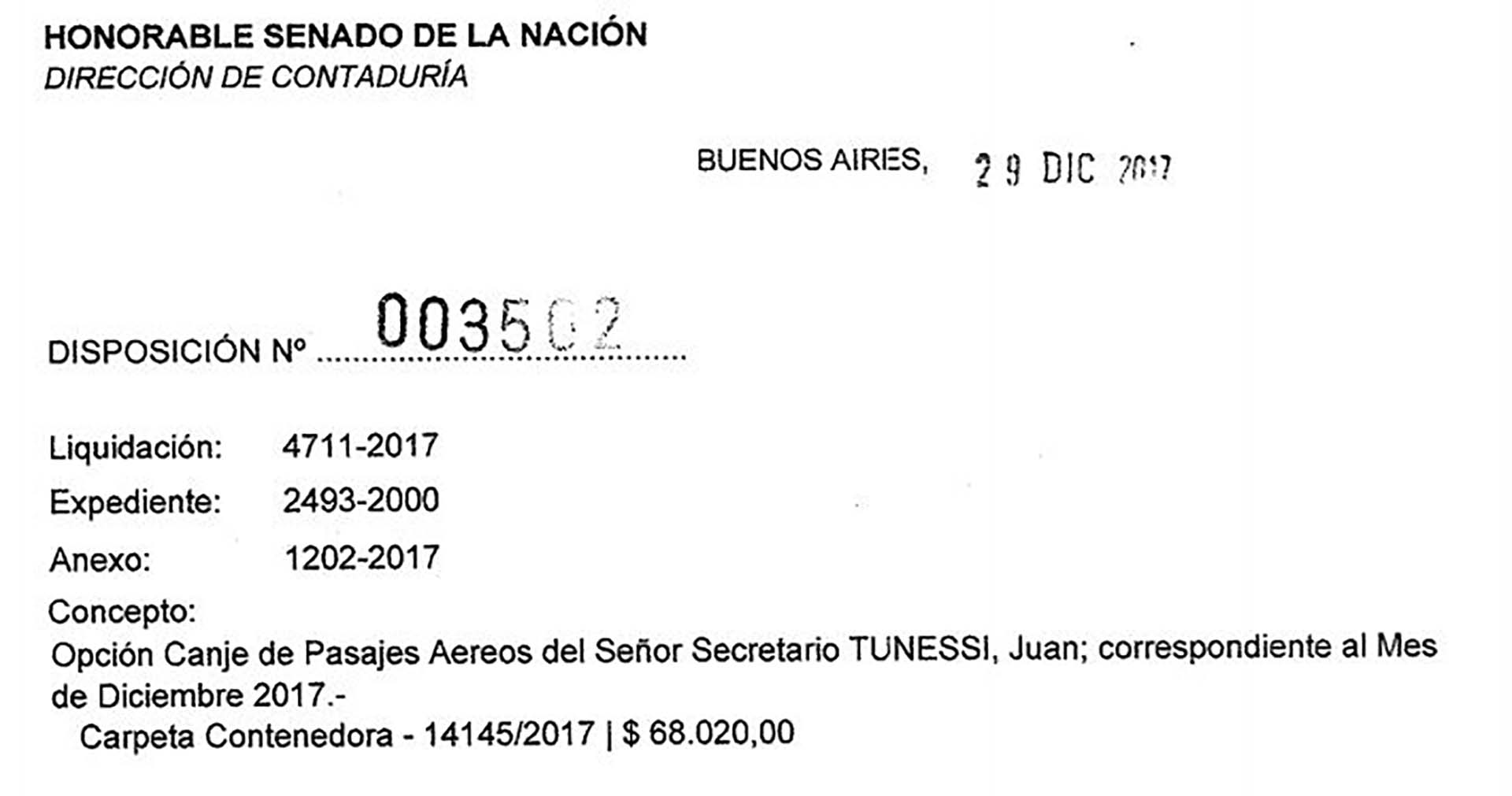 El 28 de diciembre, el secretario Juan Tunessi canjeó pasajes por $68.020