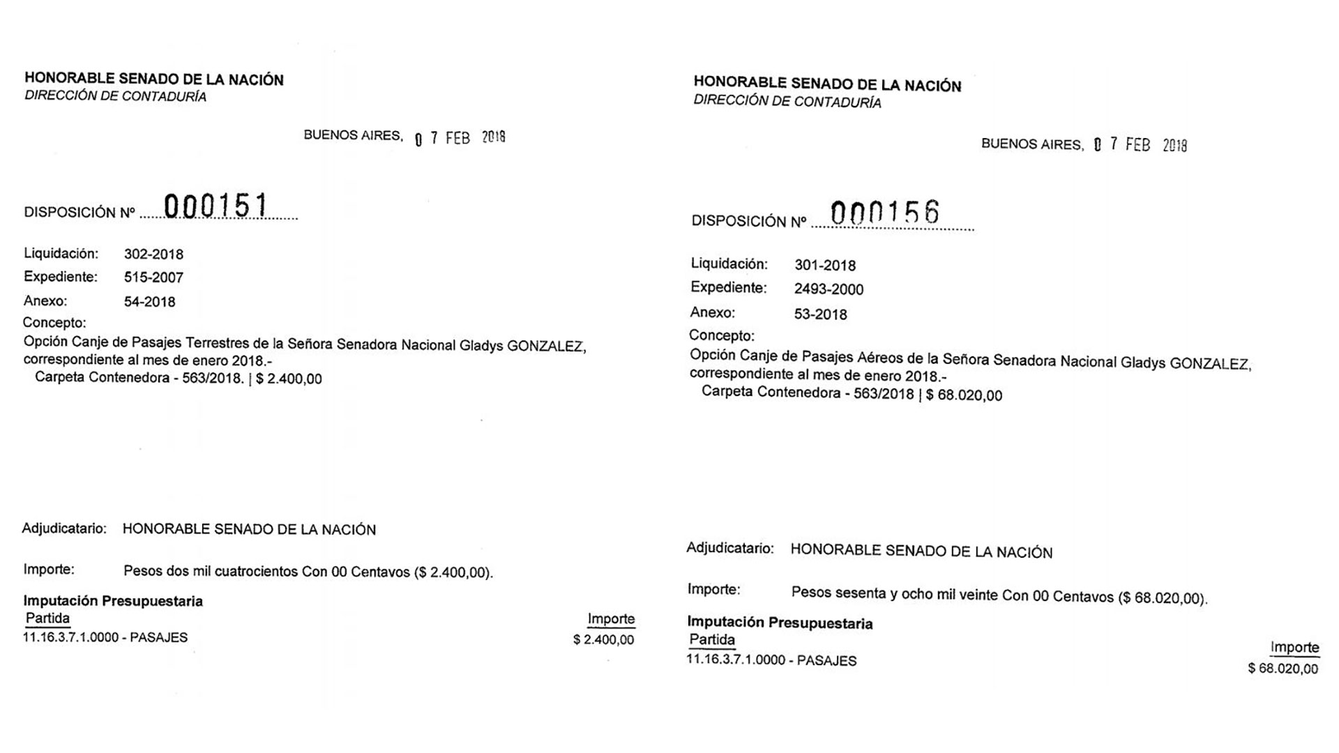 Las disposiciones 151 y 156 de 2018 de la Secretaría Administrativa aprobaron el canje de los pasajes de la senadora Gladys González.