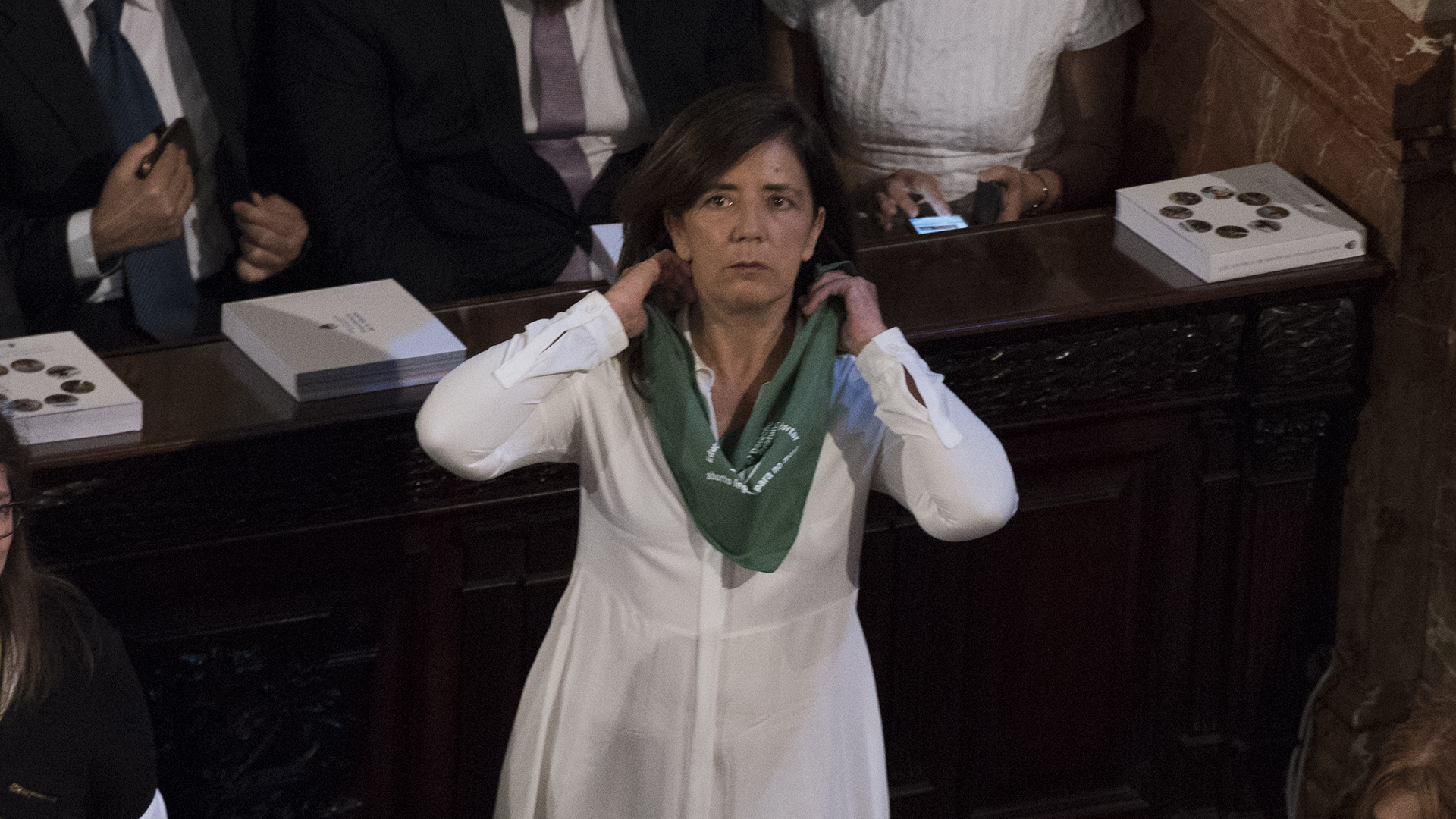 Gabriela Cerruti con el pañuelo verde, símbolo del reclamo por la ley de interrupción del embarazo voluntario