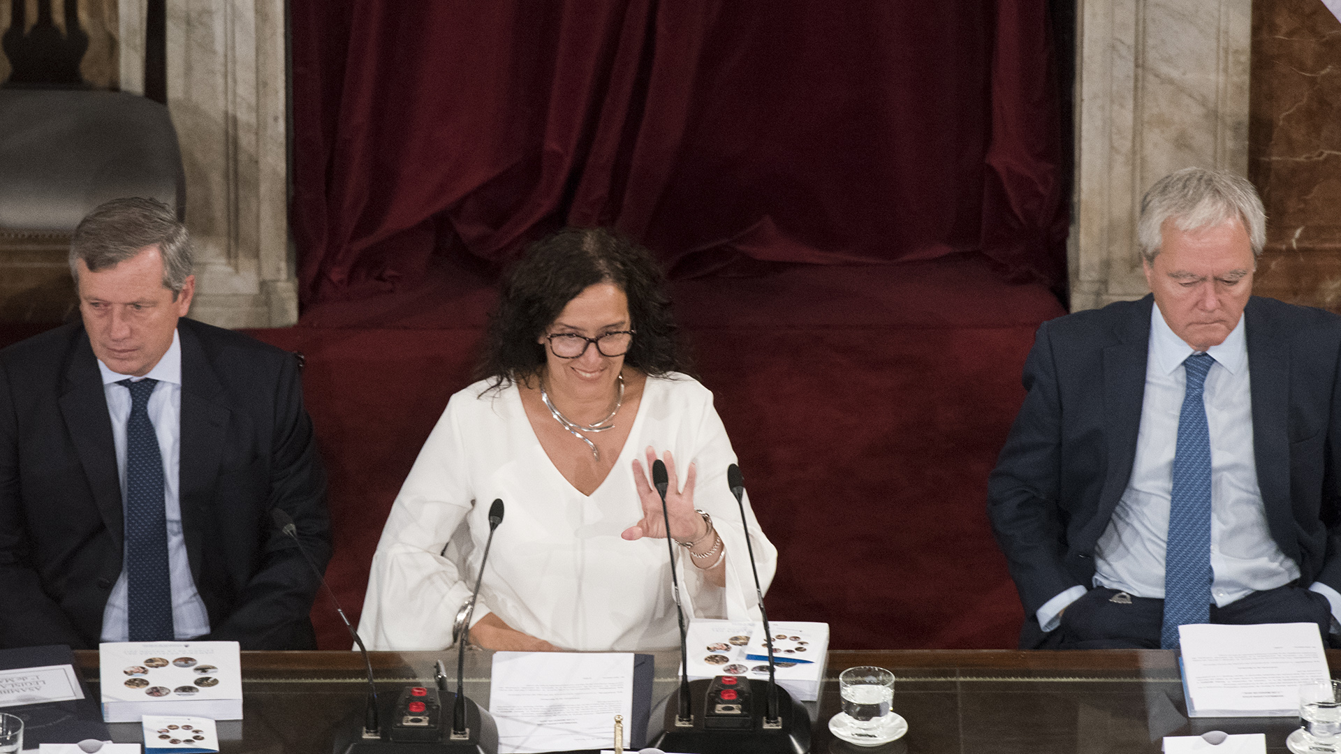 La Vicepresidente, escoltada por Monzó y Pinedo, en la apertura de la sesión
