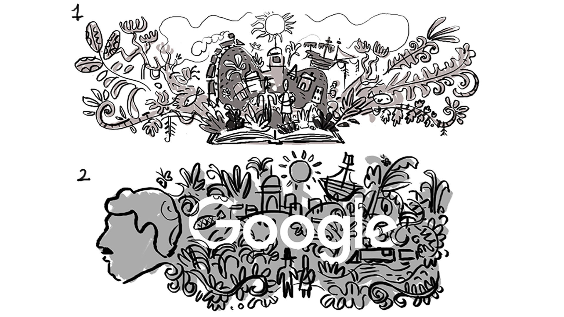 Borradores de los diseños del doodle con el que que Google celebra el nacimiento del escritor colombiano Gabriel García Márquez