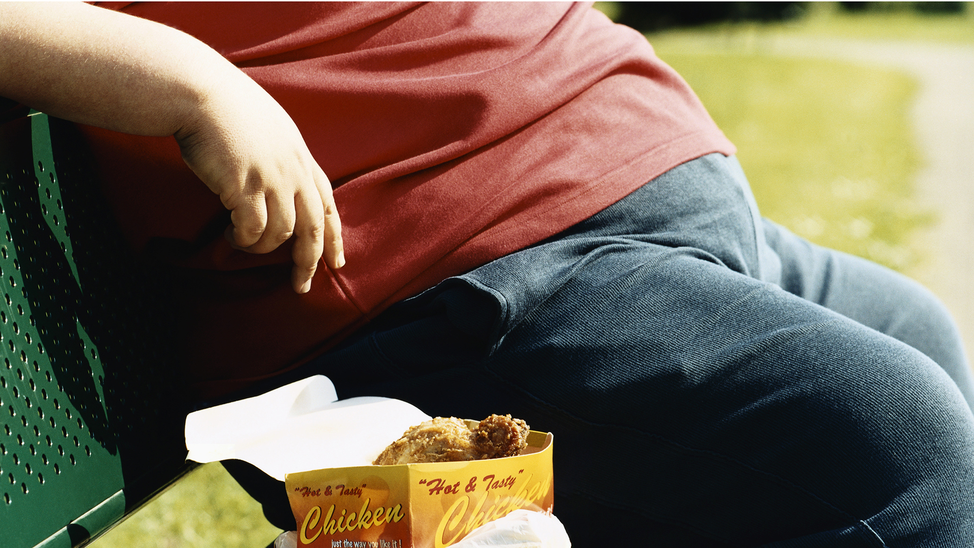 Mid-Section of an Overweight Man Sitting on a Park Bench With Take-Away Food