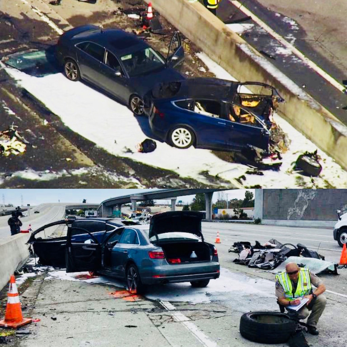 Vista aérea del siniestro protagonizado por un Tesla, un Mazda y un Audi A4