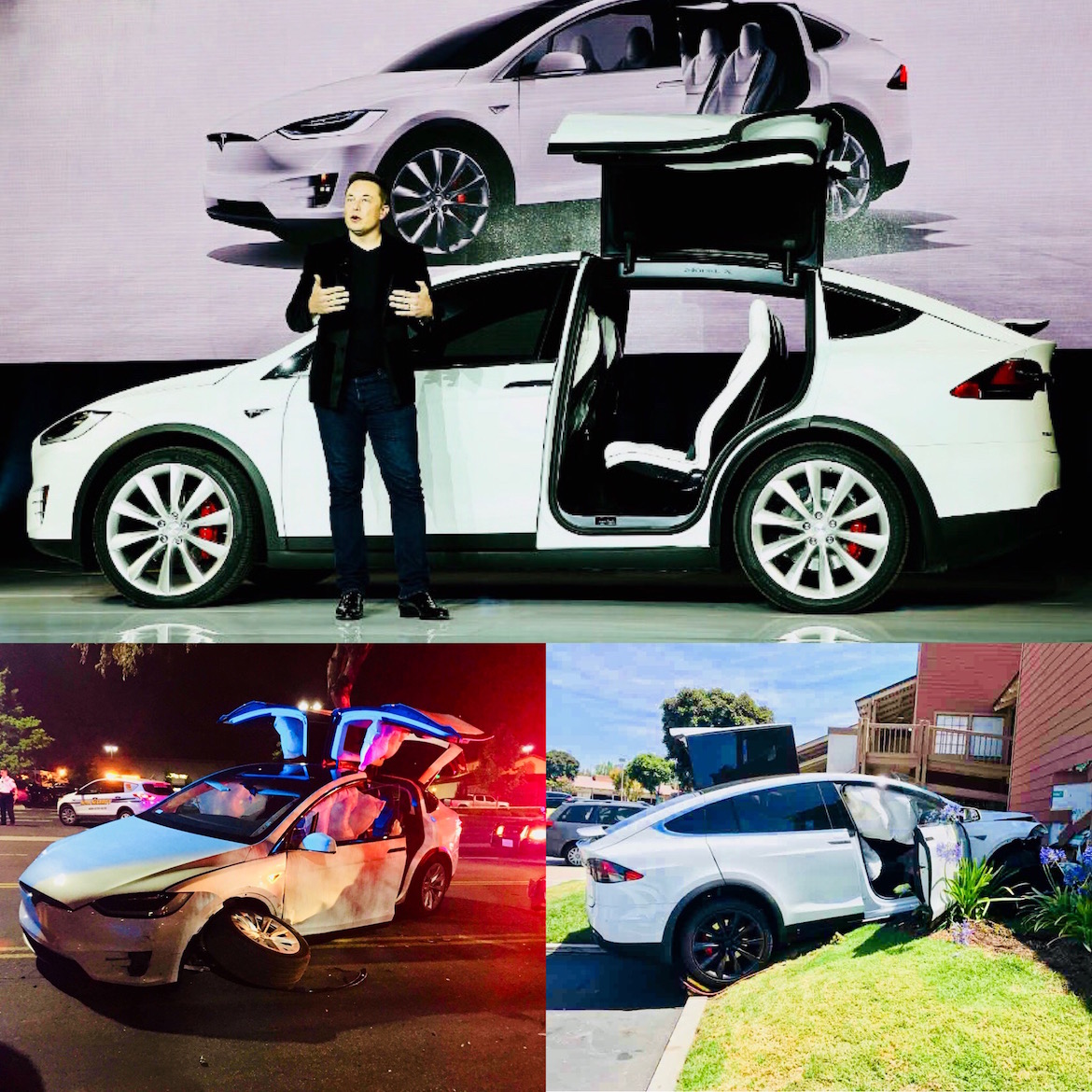 Elon Musk presenta el Model X con sus puertas inspiradas en un halcón. Debajo, el mismo vehículo tras sufrir dos accidentes distintos