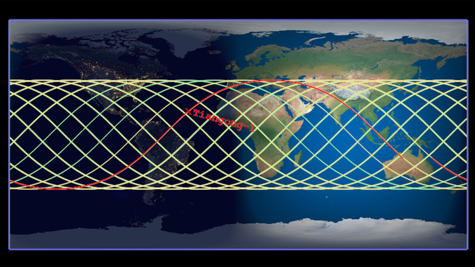 La trayectoria de Tiangong-1. El punto rojo indica el lugar donde se encontraba este viernes a las 6:11 AM GMT
