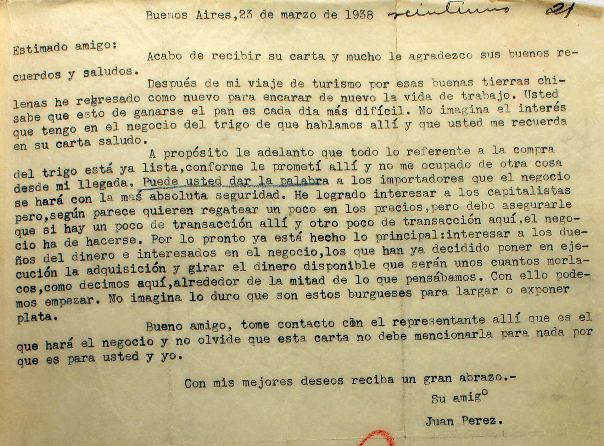 Carta de Perón que firma como “Juan Perez”