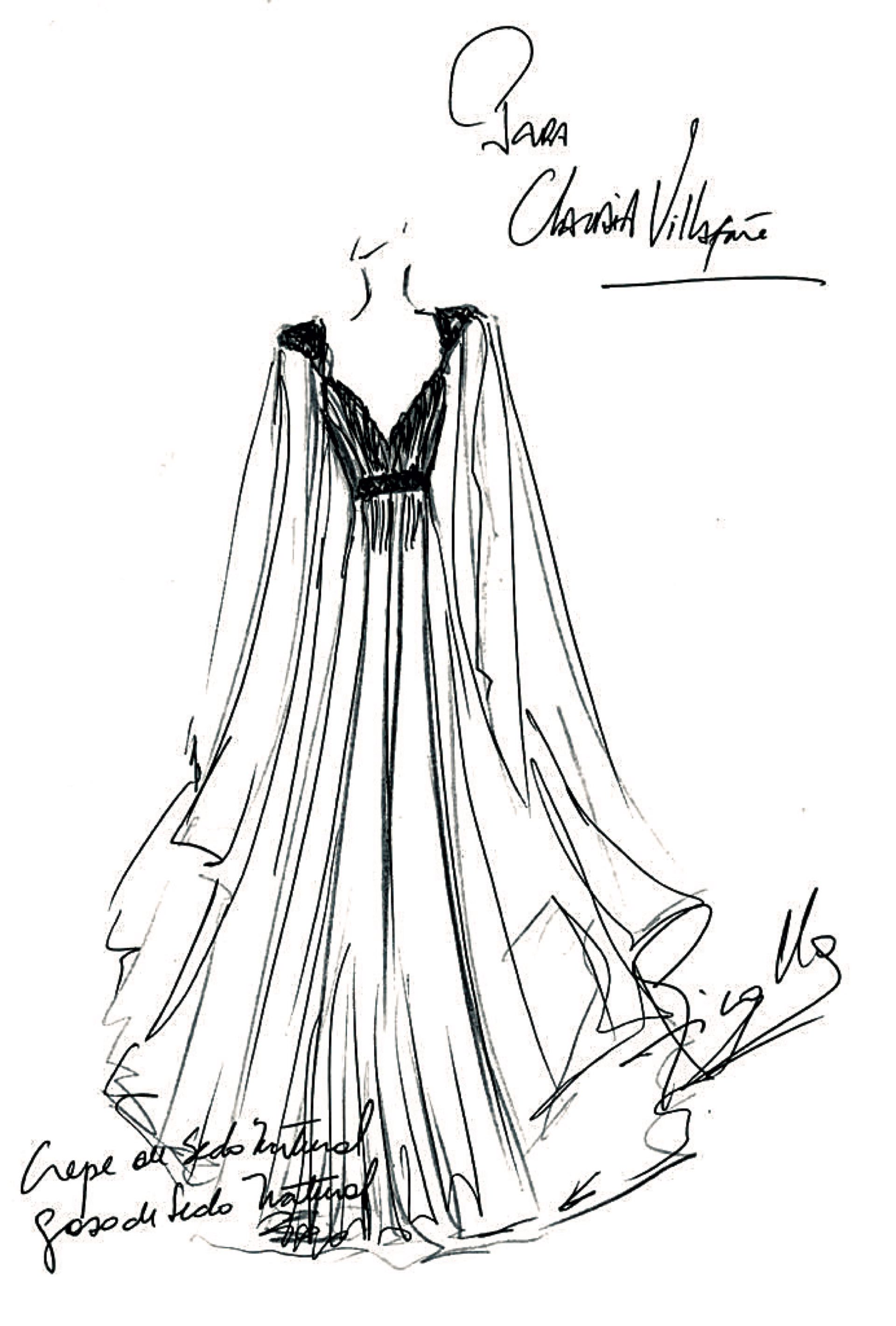 Boceto del outfit de Claudia, ideado por Ivana Picallo: un vestido de gasa de seda natural color acero drapeado con un cinturón de cristales y mangas desmontables.