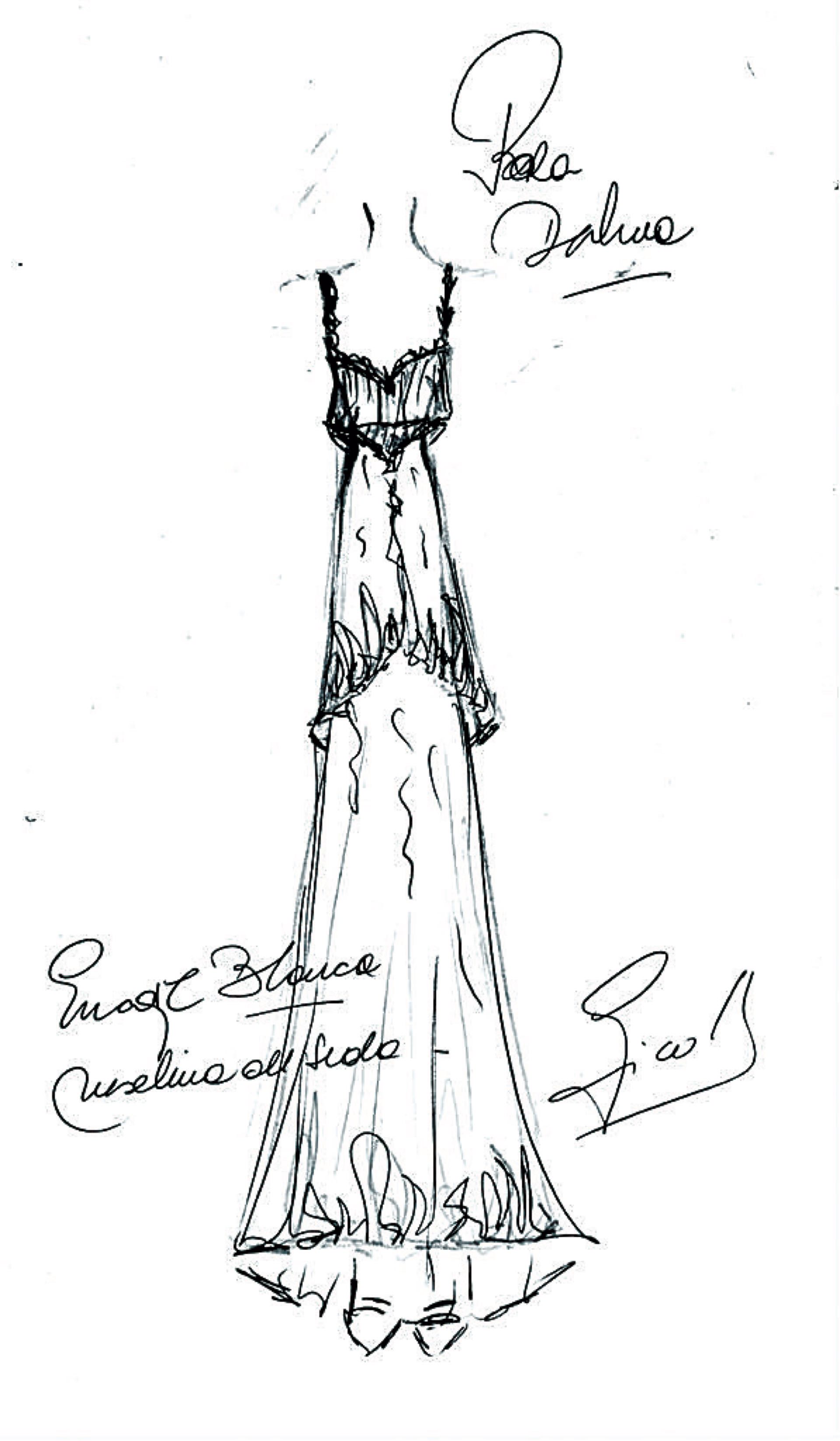 El boceto de la diseñadora Ivana Picallo, responsable del segundo cambio de la novia (“un vestido más liviano”), a quien ya había lookeado para sus quince.