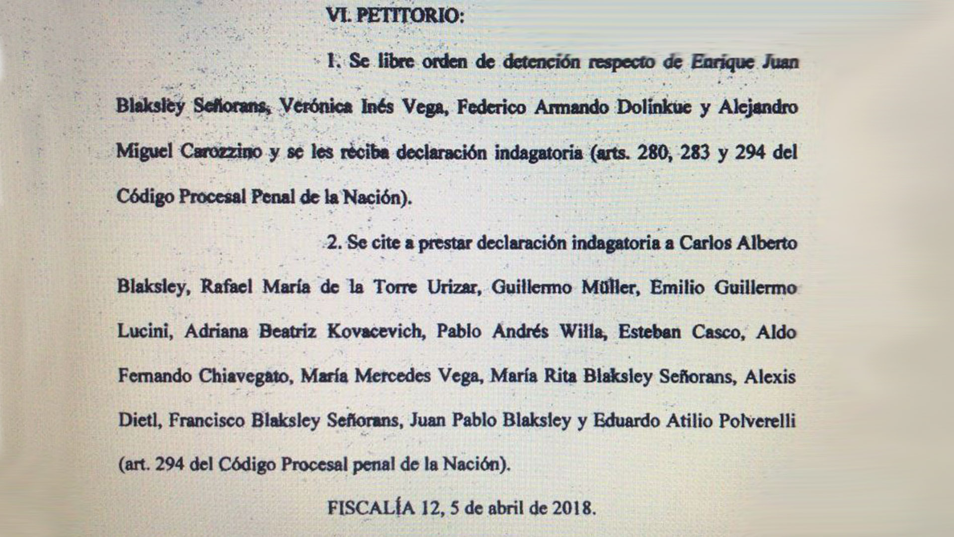 Pedido de detención a Blaksley y Carozzino firmado por Servini.