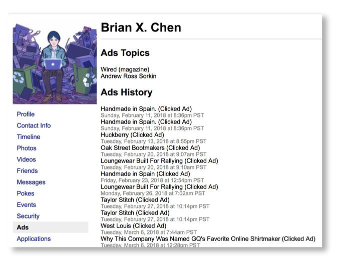 Un ejemplo de los datos que Brian Chen encontró que Facebook guardaba sobre él
