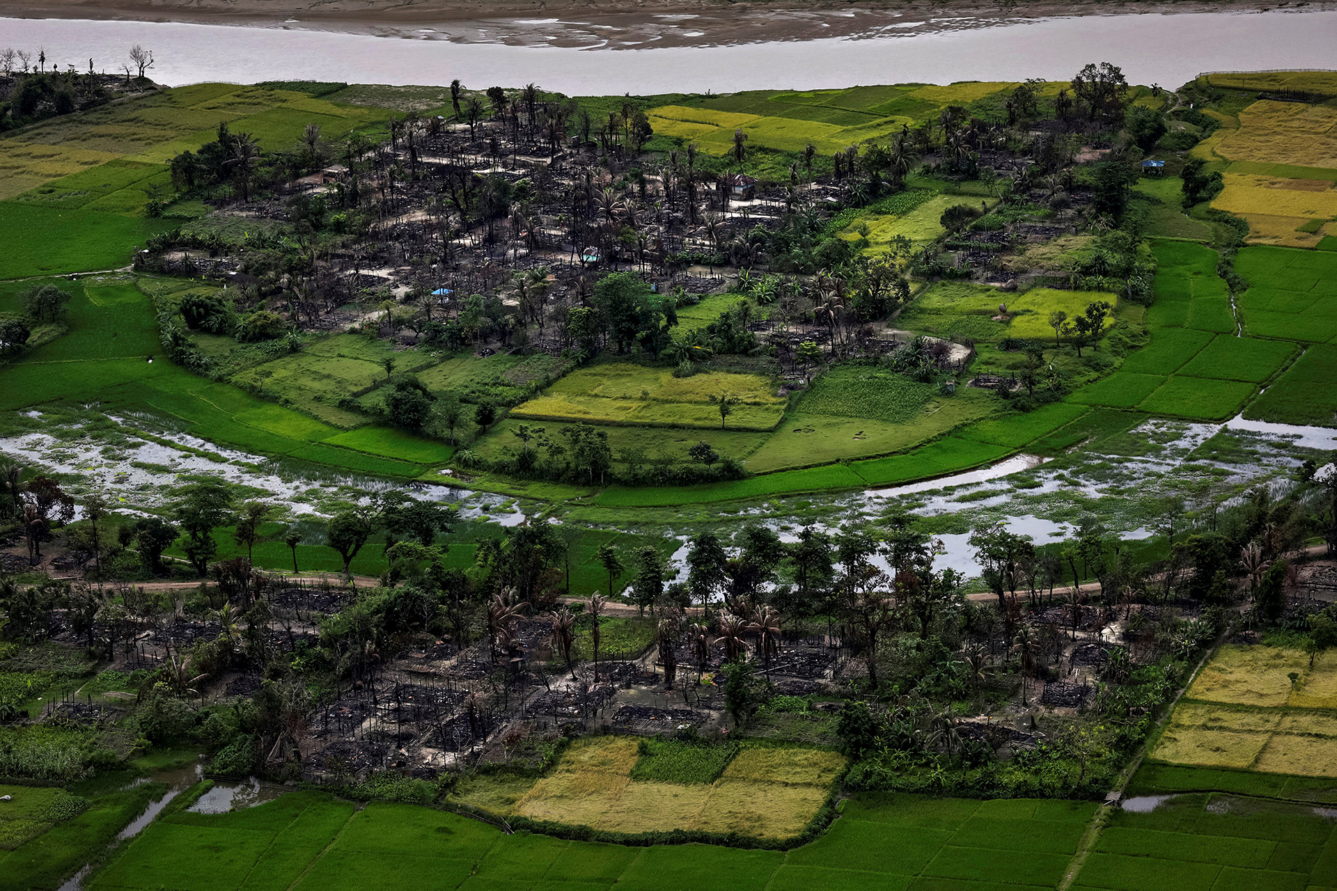 Los restos de un pueblo rohingya quemado se ven en esta fotografía aérea cerca de Maungdaw, al norte del estado de Rakhine, Myanmar, el 27 de septiembre de 2017. (Soe Zeya Tun)