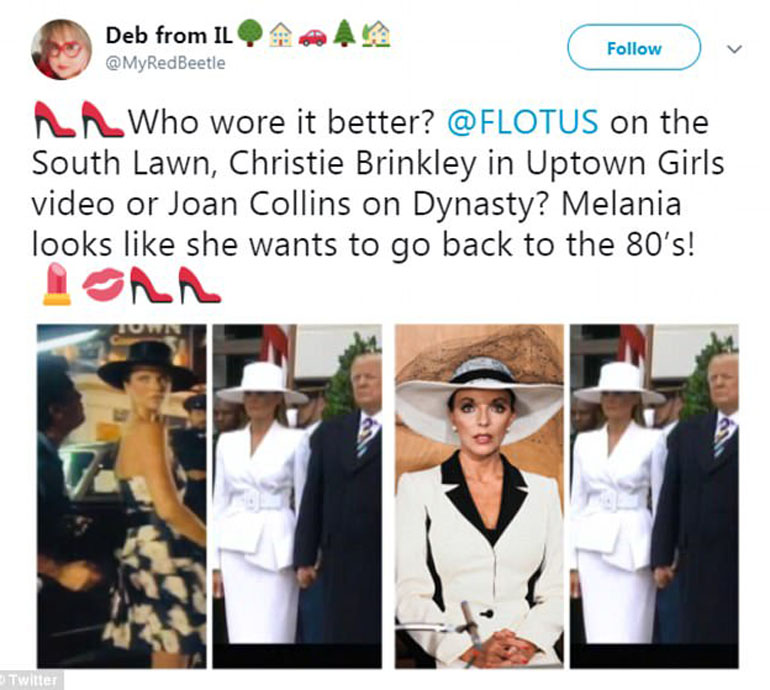 A quién le queda mejor, a Christie Brinkley en Uptwon Girls o Joan Collins en Dynasty. Parece que Melania quiere volver a los 80