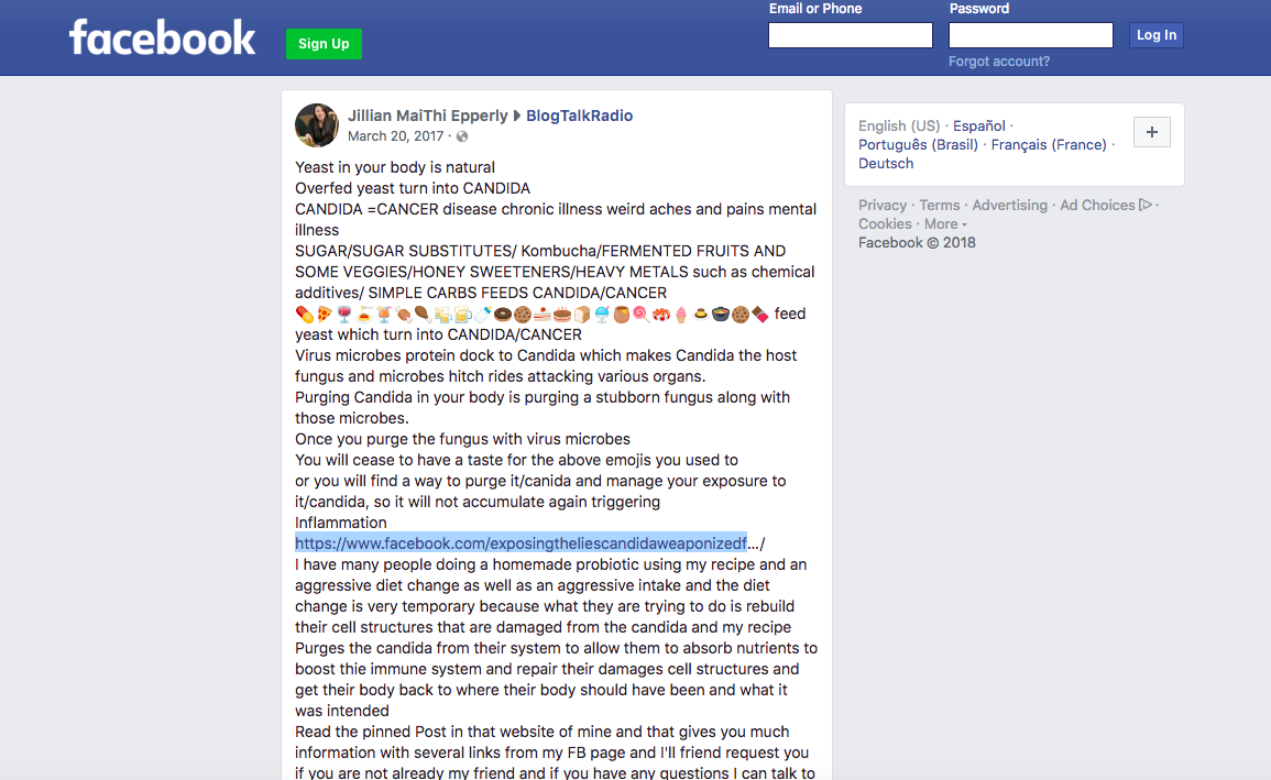 Jilian Epperly sigue argumentando, ahora desde su página, que “purgar la cándida” es la solución a todas las dolencias. (Facebook)
