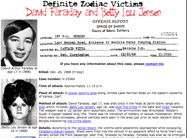 Dos víctimas confirmadas del asesino del Zodiaco. (Tom Voigt/zodiackiller.com)