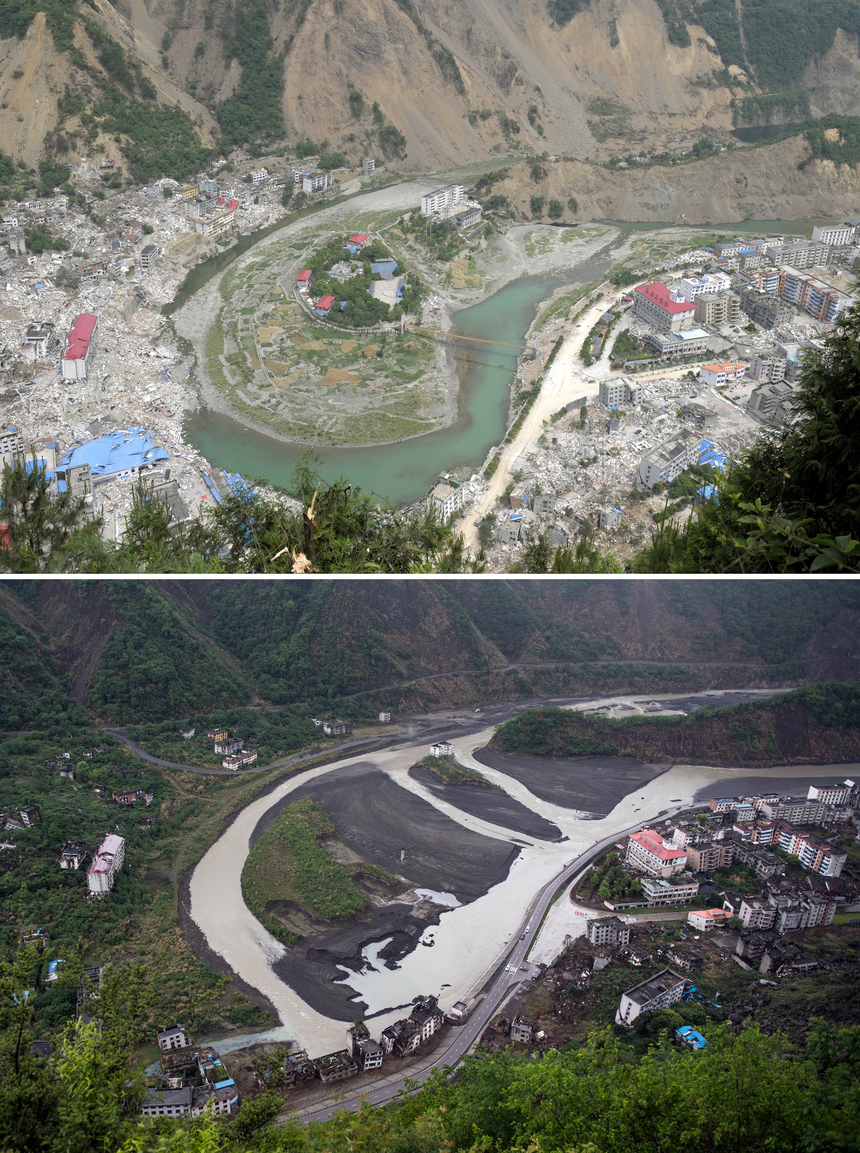 Foto del 27 de mayo de 2008 y otra del 24 de abril de 2018 (AFP / Johannes EISELE y LIU JIN)