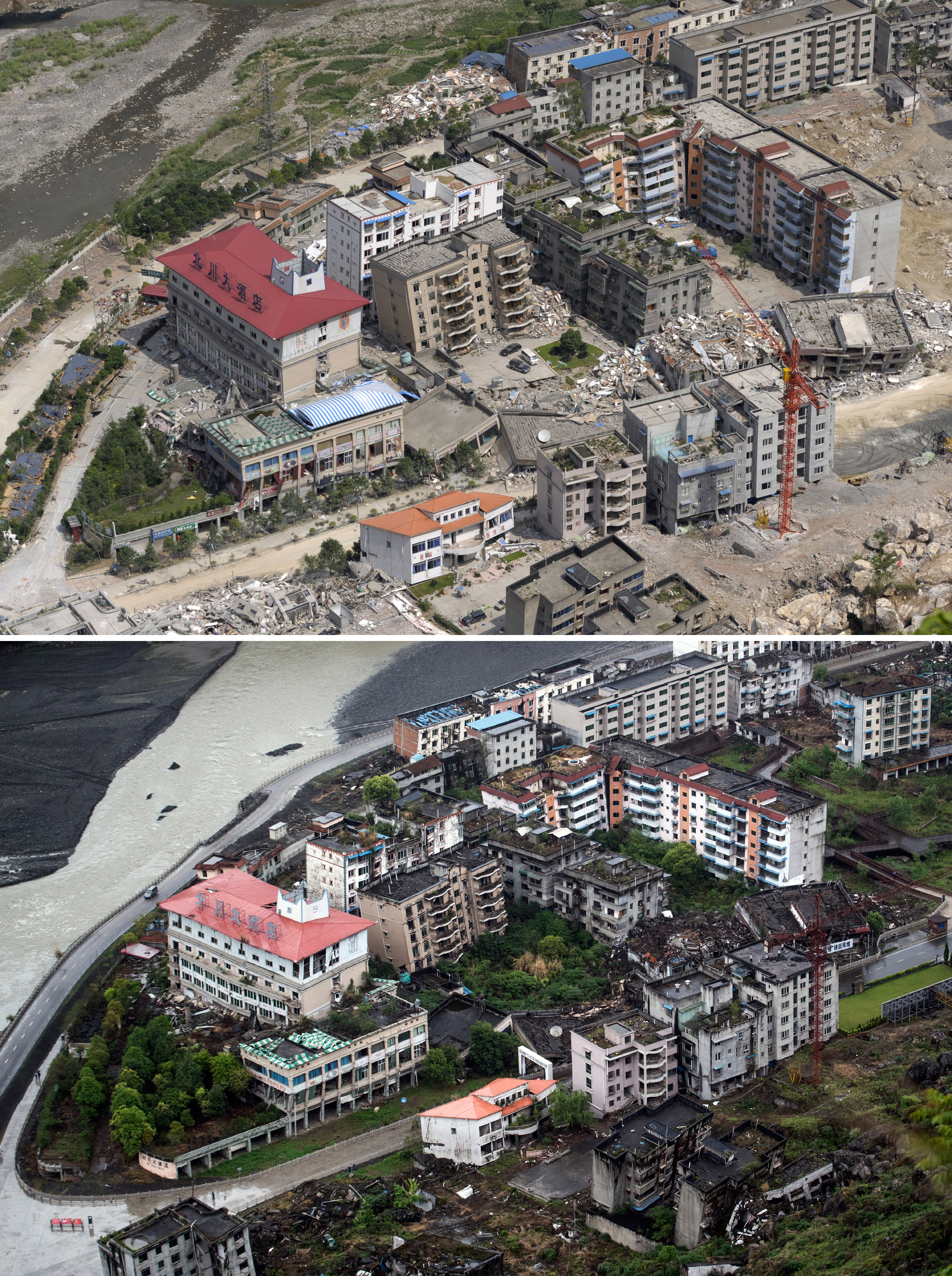 Foto de Beichuan del 27 de mayo de 2008 y otra del 24 de abril de 2018 (AFP / Johannes EISELE AND LIU JIN)