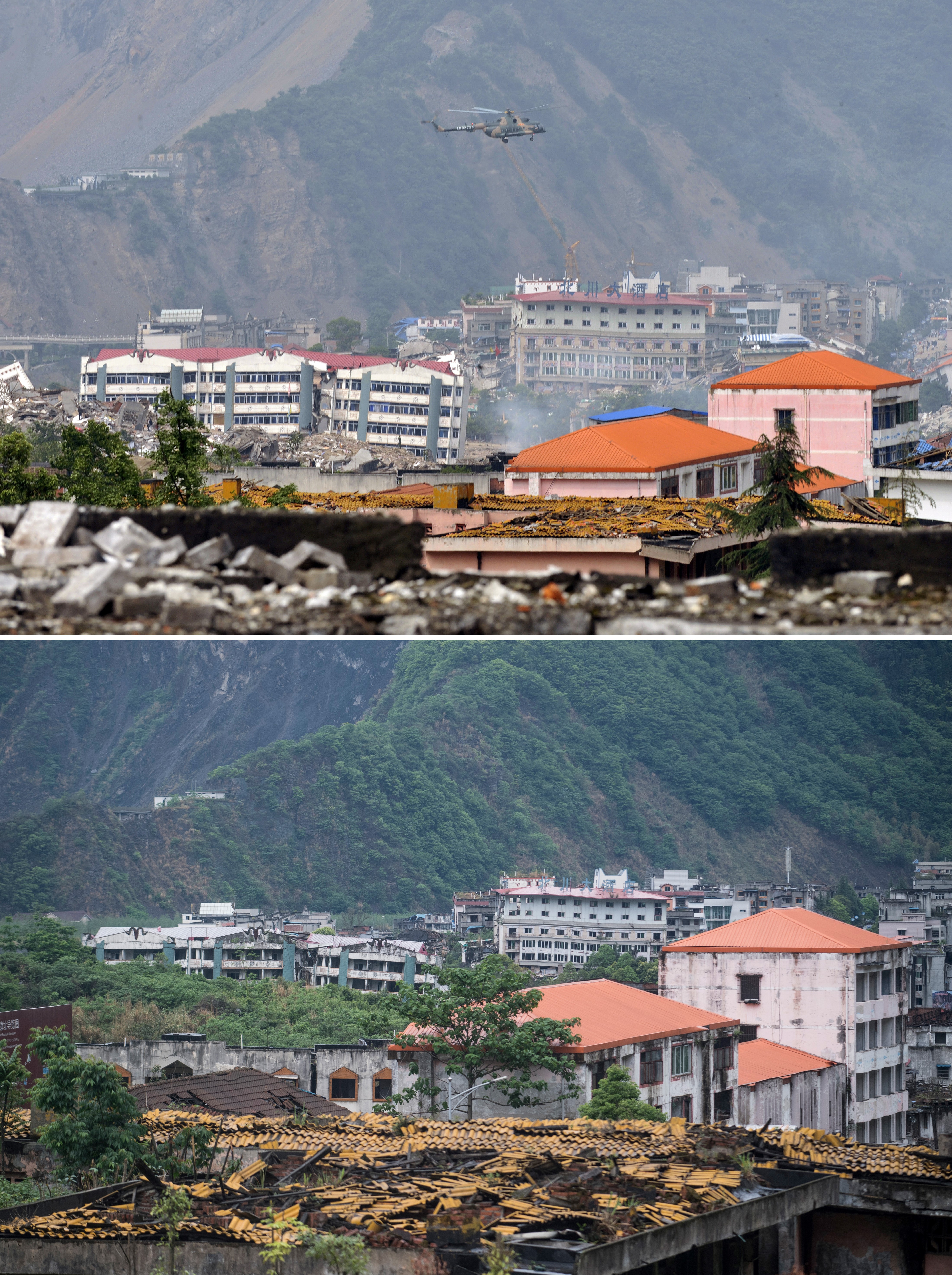 Foto del 12 de mayo de 2008 y otra tomada el 24 de abril de 2018 (AFP / Johannes EISELE y Peter PARKS)